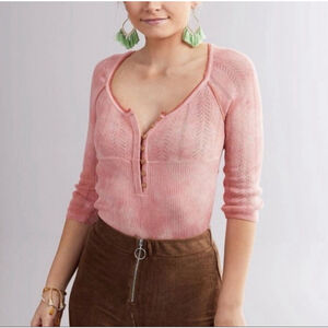 Free People Rory Pointelle Knit Henley Top M NWT Peach Pink Combo Hard To Find